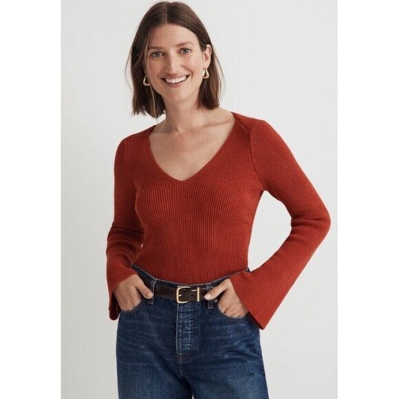 Madewell Flared Sleeve V-Neck Sweater Size M Etruscan Clay Orange Red Preppy - Picture 1 of 11